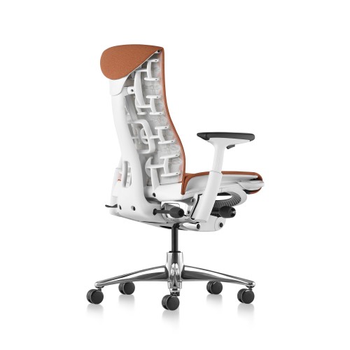 Embody office chair, on castors, white frame, papaya orange fabric
